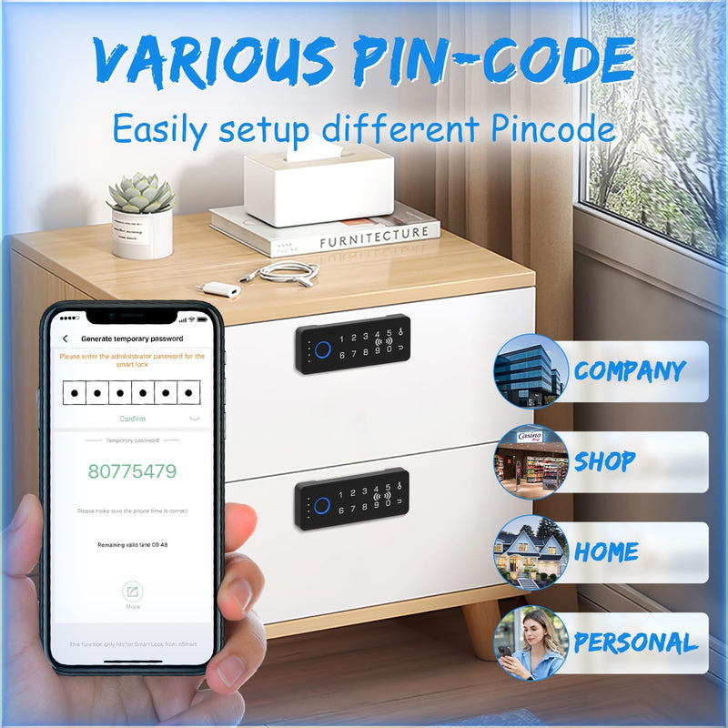 Smart RFID Fingerprint Lock - Cabinet Drawer Lock with Key Cards, Digital Electronic Biometric Bluetooth Child Safety Cabinet Code Lock Liquor File Desk Cupboard Kitchen Liquor Drawer Silver Horizontal