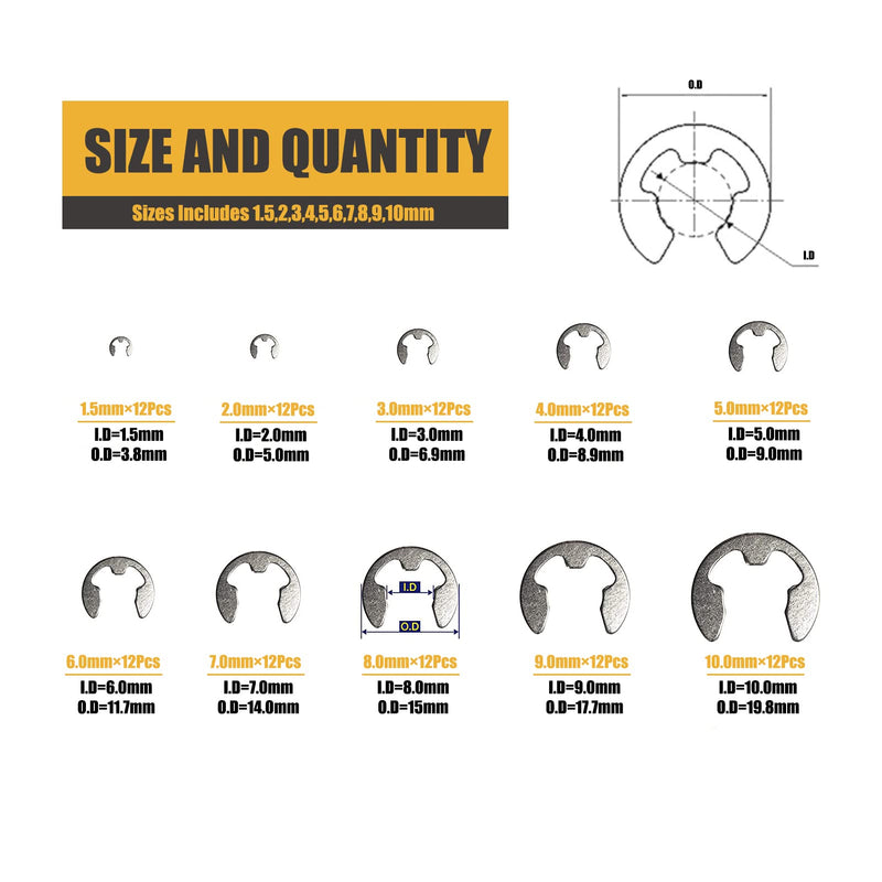 304 Stainless Steel E Clip Assortment Kit E-Clip External Retaining Ring Assortment Set (M1.5-M10,120 PCS) 120PCS