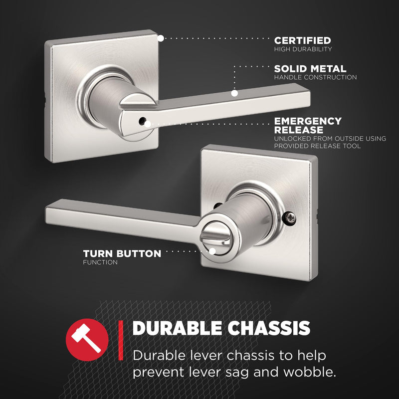 Kwikset Casey Interior Privacy Door Handle with Lock, Door Lever For Bathroom and Bedroom, Satin Nickel Reversible Keyless Turn Lock, with Microban Protection 1 Pack