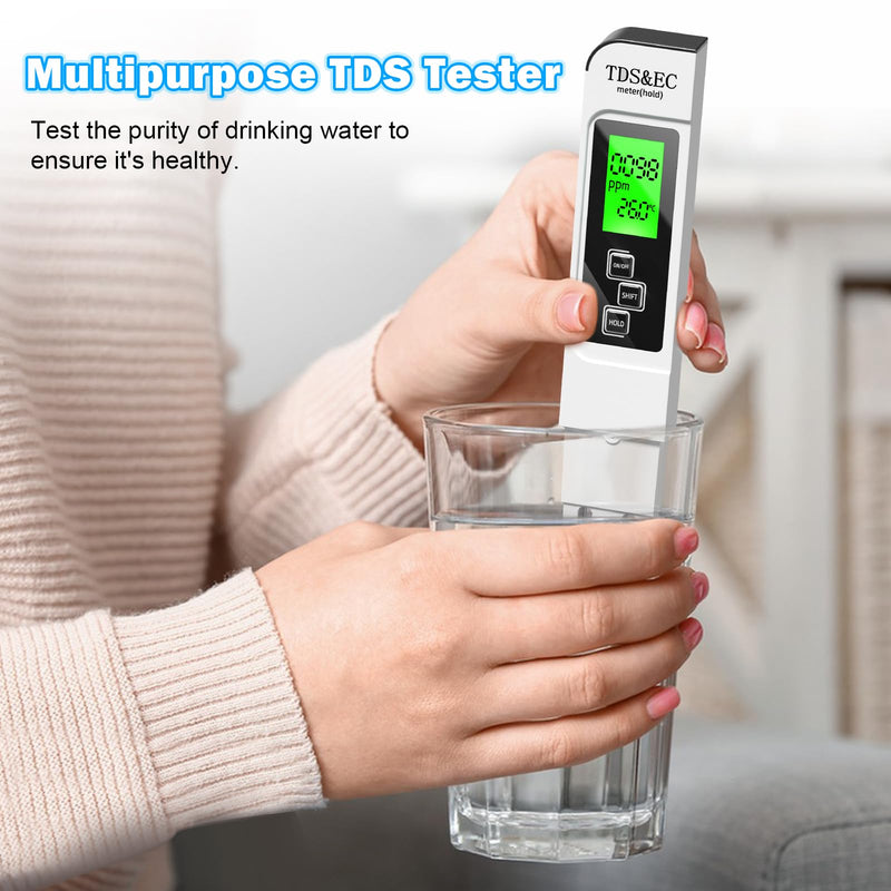 4 in 1 TDS Meter - TDS EC & Temperature(°C,°F) Meter,Accurate & Reliable Digital Water Testing Kits for Drinking Water, Tap, Well, Swimming Pool,Hydroponics, Aquarium, RO/DI System (Black & White) black & white