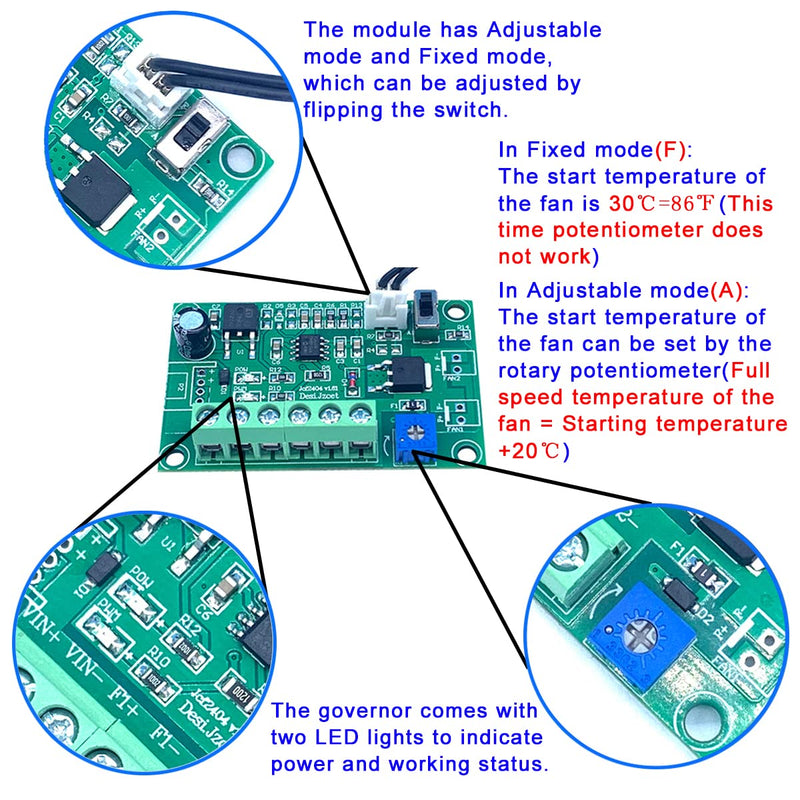 DC 12V 24V 4A 2-Way Adjustable PWM Fan Speed Controller, Automatic PC CPU Case Fans Temperature Control Governor with Sensor for 2 3 4-Wire DC Fan DC12V-24V 4A