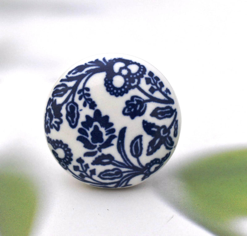 Beautiful Blue and White Ceramic Knobs - Set of 10 Decorative Floral Print Round Knobs Kitchen Cabinet Drawer Knobs | Elegant Wardrobe & Dresser Pulls with Glossy Finish (1.5-Inch Diameter)
