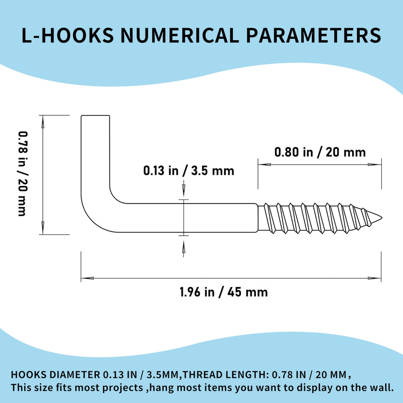 304 Stainless Steel 2 in Screw-in Hooks 20 Pcs,7 Shape Screw Hooks,Right Angle Medal Hooks l Shaped Screw in Hooks for Hanging 2 In * 3.5 MM