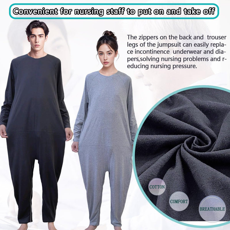 Unisex Anti-Strip and Tear-Resistant Adaptive Jumpsuit with Back and Leg Zipper,One-piece Long-Sleeved Trousers,Suitable for Seniors,Incontinence Care,Dementia,Alzheimer’s Patients(Black XL) Black X-Large