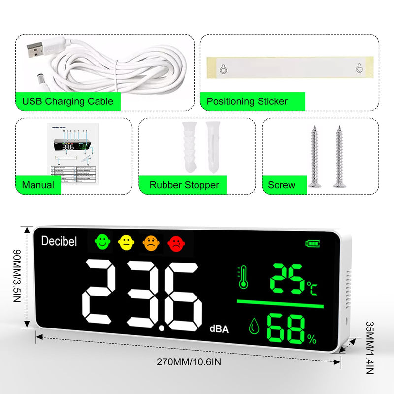 3-in-1 Decibel Meter Wall Hanging Sound Level Meter,11 Inch Classroom Noise Meter 30-130dB Range LED Display Noise Temperature Humidity Meter with Alarm Icons Indicator for Home,Studio,Factory