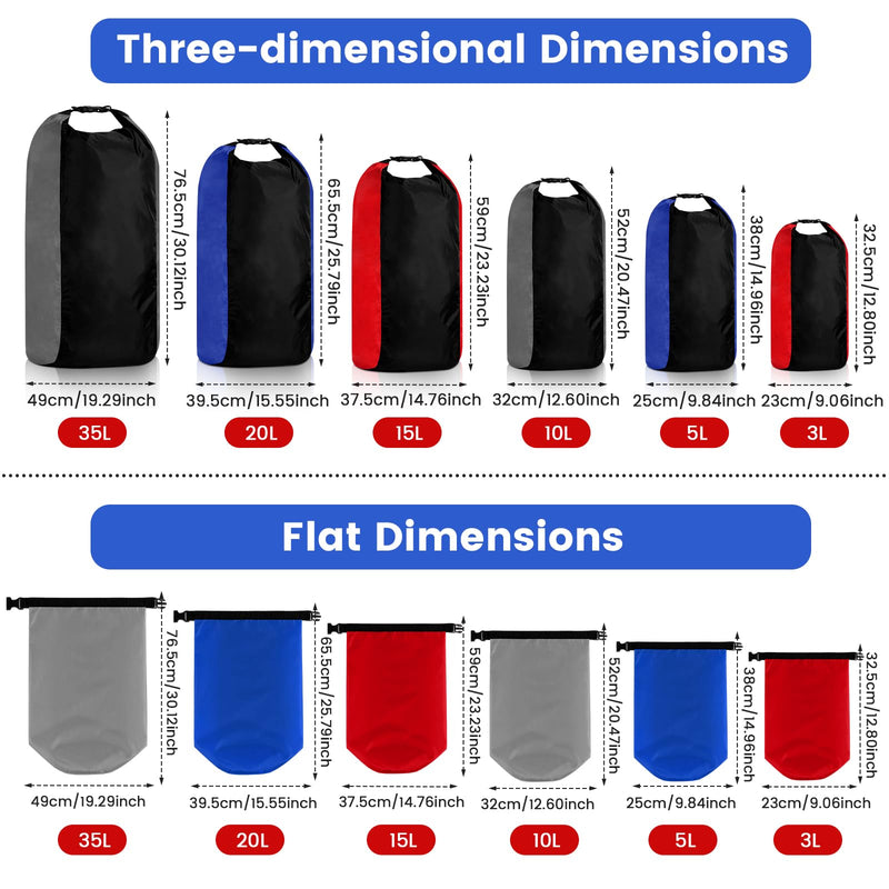 Soulchen 6 Pack Dry Bag Waterproof Compression Dry Sack Color-blocked 3l /5l /10l /15l /20l /35l, Sleeping Bags Protect Gear for Outdoor Kayaking, Backpacking, Boating, Fishing, Swimming and Camping