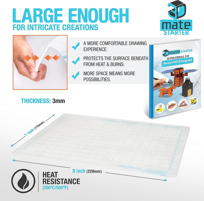 3Dmate Starter - Transparent 3D Pen Mat 9 x 7 Inches with Compatible Stencils Book - Flexible Two-Sided Heat-Resistant Silicone - 3D Pen Accessories - Templates for Kids, Adults STARTER w Stencils