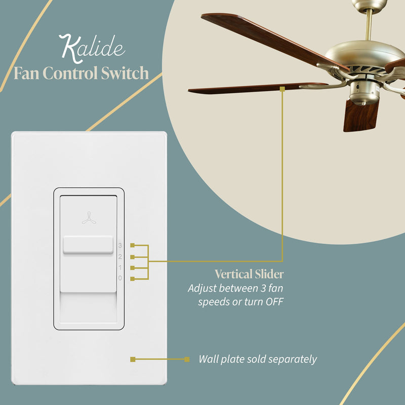 TOPGREENER Kalide Fan Speed Control Switch, 3-Speed Fan Wall Switch, Single Pole, 120VAC, 60Hz, 2.5A, Neutral Wire Not Required, TGFS3-W, White Fan Switch 1