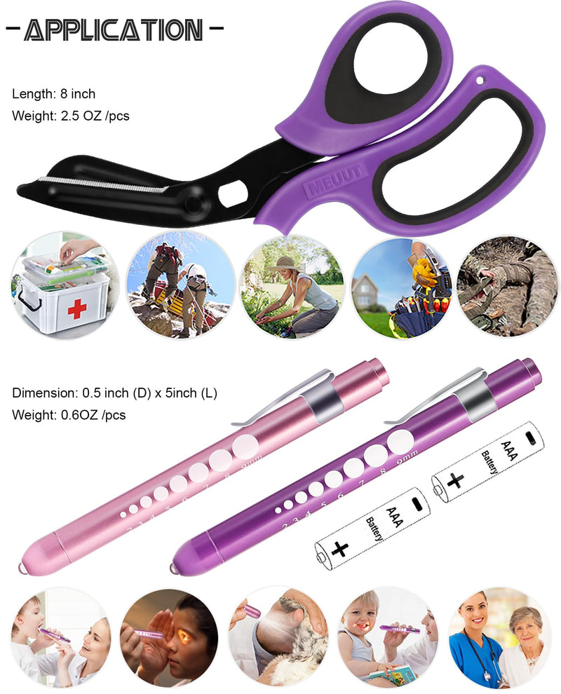 MEUUT 3 Pack Medical Scissors and penlights for Nurses with Four Batteries-One 8" Patented Trauma Scissor Bandage Scissor Two LED Pen lights for Nurse Doctor EMT First Aid Purple Scissor+purple&pink Penlight