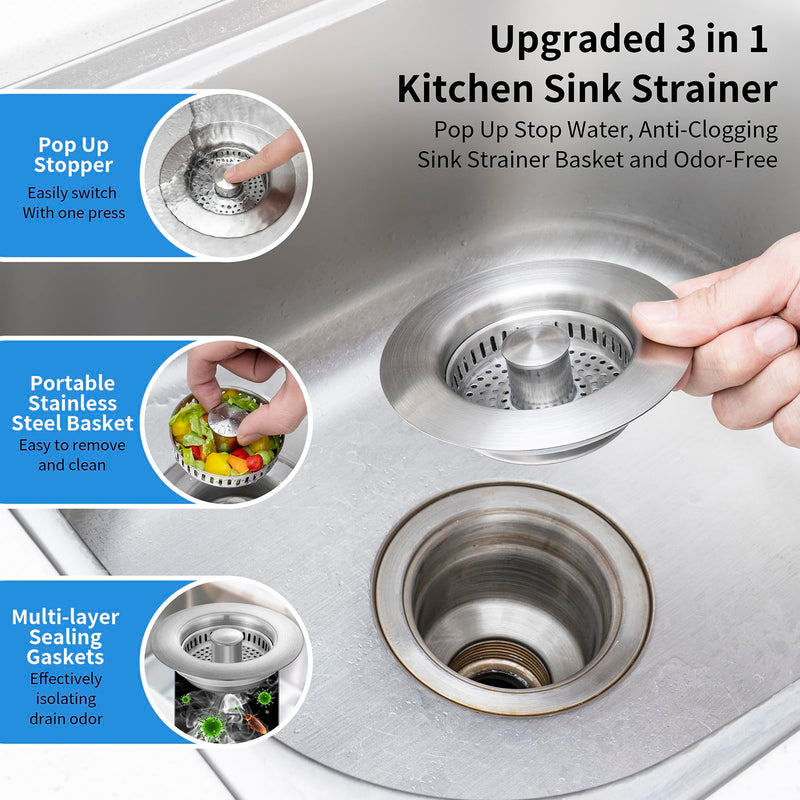 Upgraded 3 in 1 Kitchen Sink Drain Strainer - Stainless Steel Sink Stopper, Anti-Clogging Sink Food Catcher Basket, Fast Drainage Odor Filter Sink Plug for US Standard 3 1/2 inch Drain (Silver-1Pack) Silver-1pack
