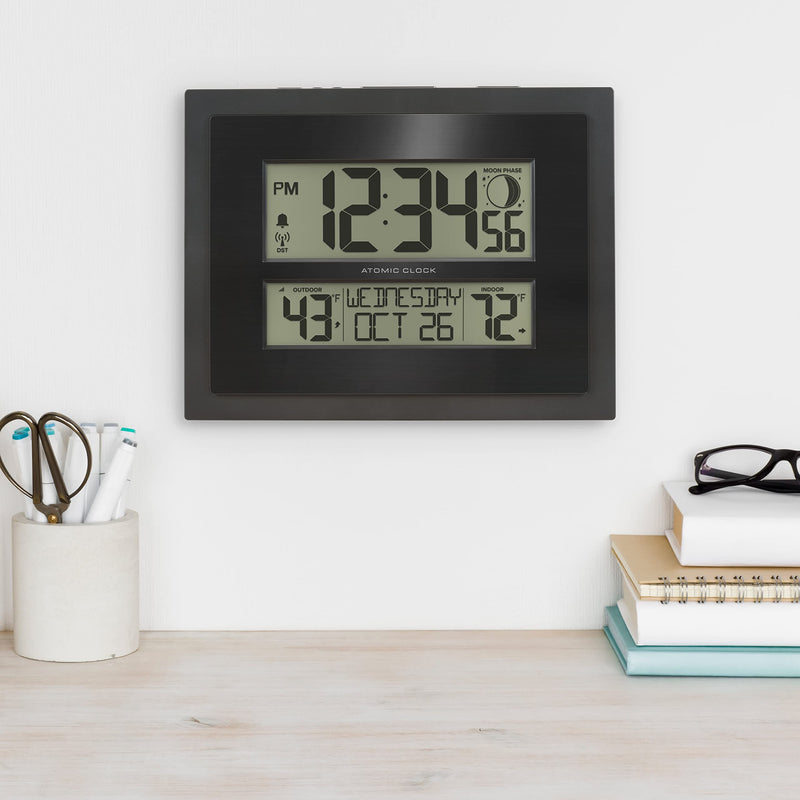 La Crosse Technology 513-75624-INT Digital Atomic Clock with Outdoor Temperature and Moon Phase,Black Weather Station