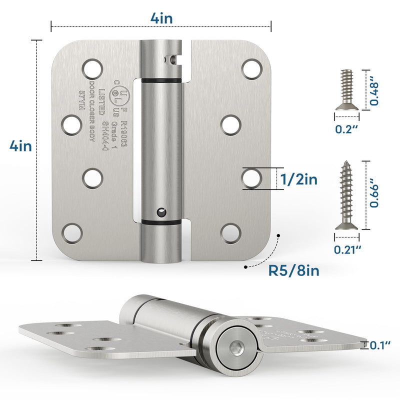Self Closing Door Hinge, Auto Closing Spring Hinge with Adjustable Tension, 4 x 4 Inch, 5/8'' Radius Corners, for Home Interior, Exterior, Cabinet Doors and Commercial Use, Satin Nickel, 1 Pack 4" (1 Pack)