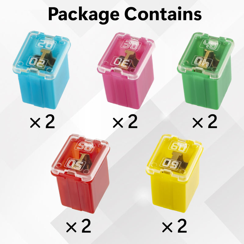 10 PCS Versatile Automotive Fuse Assortment Low Profile Box Shaped Micro Cartridge Fuses Kit for Pickup Trucks Cars and SUVs (20 A/30 A/40 A/50 A/60 A, 2 PCS Each) 10 Low