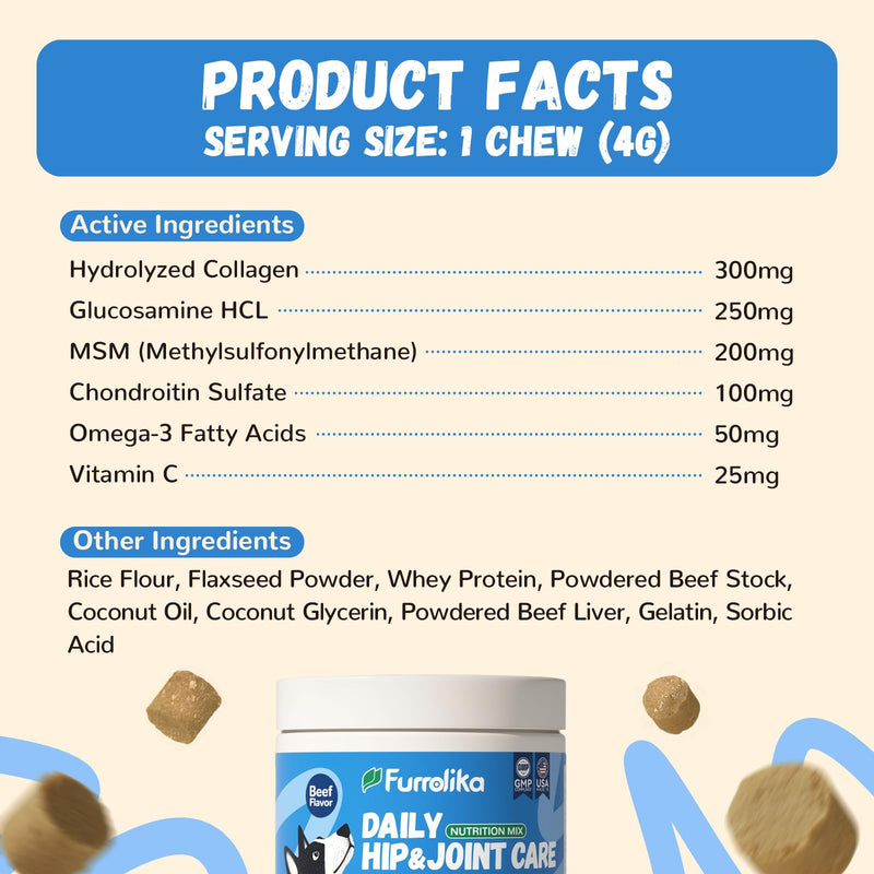 Furrolika Made in USA Dog Supplement Bundle: Joint Support & Multivitamin Chews with Glucosamine, Chondroitin, and Probiotics for HIPS, Gut, Skin & Coat Health - Beef Flavor - 60 Chews Each