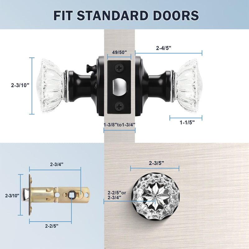 KNOBWELL Privacy Glass Door Knob Crystal Regency Fluted Door Knobset with Victorian Rosette in Matte Black, Bedroom Bathroom Door Knobs 2 Pack