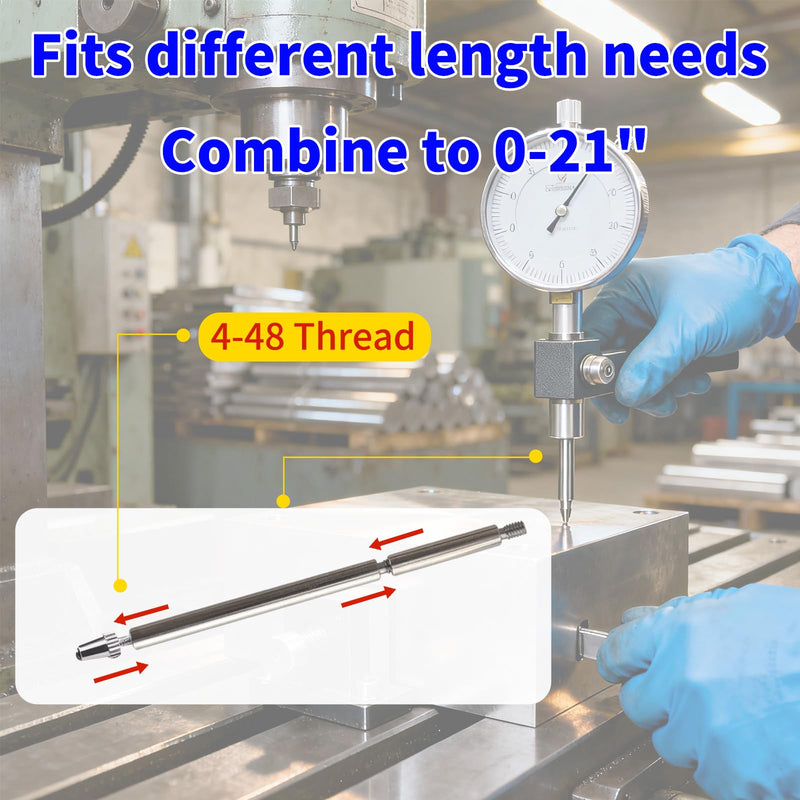 6pcs Dial Digital Indicator Extension Stem Rod Set - 1", 2", 3", 4", 5", 6" Lengths, 4-48 Thread, Combine to 0-21" Total Length (with Spindle Lifting Clip)