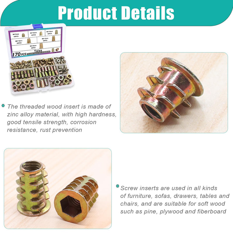 Taiss 170PCS Threaded Inserts Nuts,6 Sizes Wood Threaded Insert Kit,Furniture Screw in Nut Wood Inserts M4/M5/M6/M8 Threaded Inserts for Wood,Hex Socket Drive Screw Inserts for Wood Furniture,Cabinet