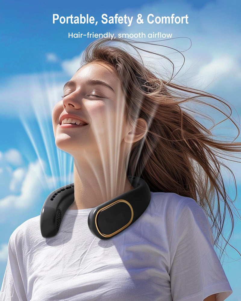 Portable Neck Fan - 5000mAh Rechargeable Hands-Free Wearable Fan | 4 Speeds, Bladeless & LED Display | Personal Cooling Fan for Travel, Outdoors, Camping - Black
