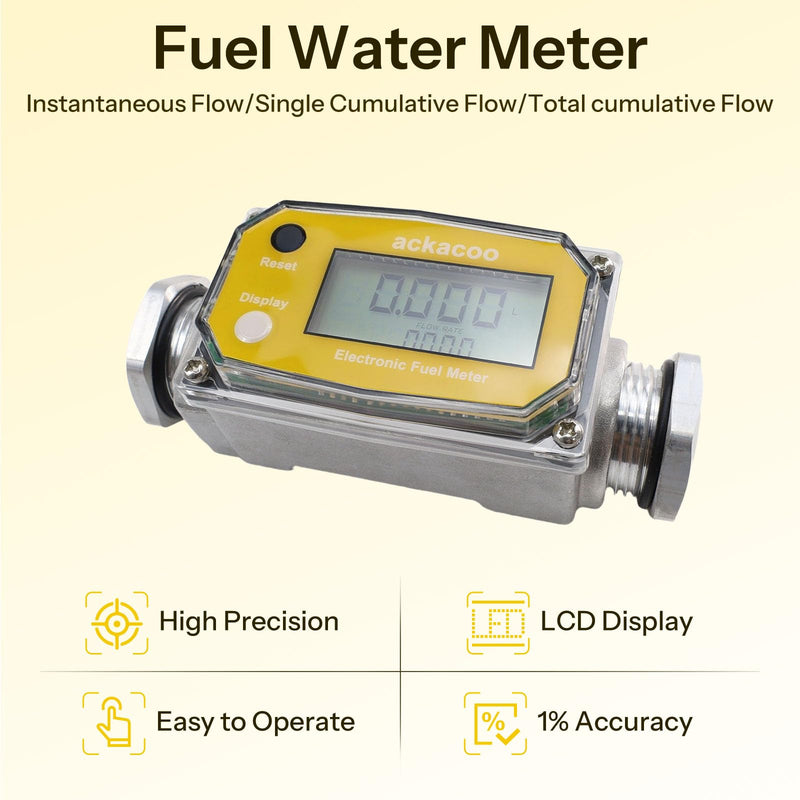 1 Inch Digital Turbine Fuel Flow Meter 2.6-26 GPM with 3/4 Adapters NPT Aluminum Battery Powered LCD Water Flow Meter for Diesel Gasoline Water Oil - Measures Gallon, QTS, PTS, L, m³