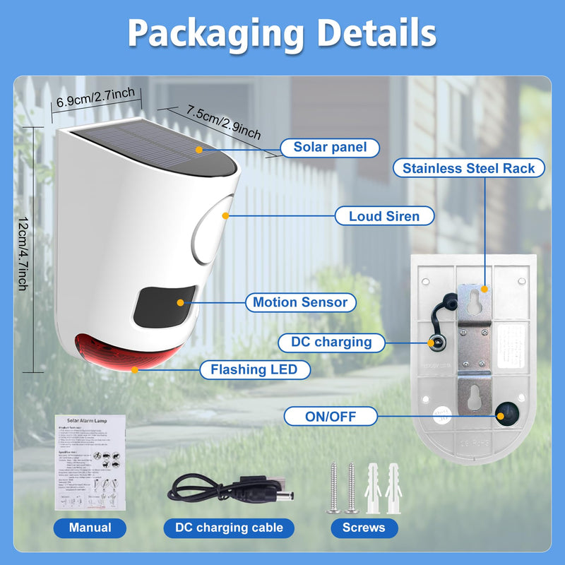 ChunHee Solar Motion Sensor Alarm Outdoor 4 Working Mode Dog Barking Motion Activated Alarm 129dB Loud Sound Noise Maker IP65 Waterproof Motion Detector with Strobe Light for Yard Farm Garden (2PCS) 2PCS