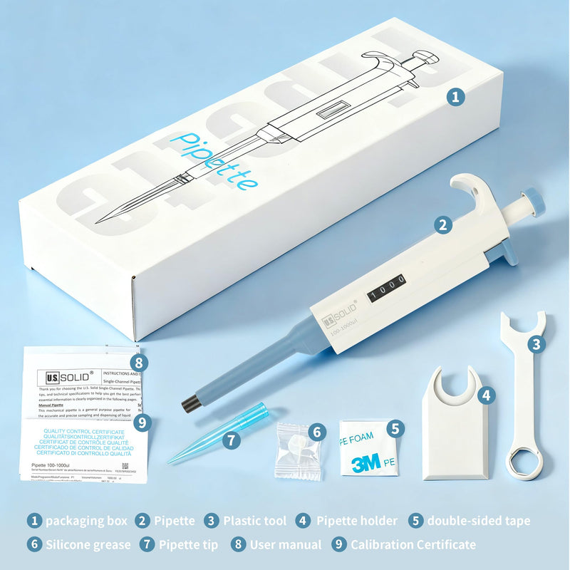 U.S. Solid 0.1-1 ml Single Channel Pipette - Adjustable Scientific Micropipette High Accuracy Pipettor