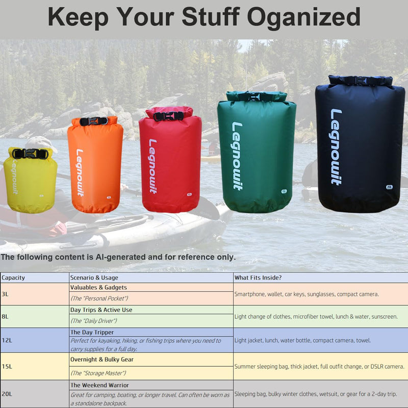Dry Bag, 3 Pack/5 Pack Waterproof Lightweight Small & Large Dry Sacks for Outdoor Camping, Backpacking, Kayaking, Boating, Travel and More Assorted-3l/8l/12l/15l/20l