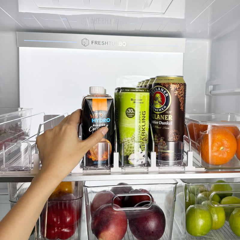 Drink Organizer for Fridge, Self Pushing Soda Can Dispenser for Refrigerator, Automatic Beverage Pusher Glide Beer Water Bottle Holder -5 Rows, White 15" D × 16.1"W × 3.4"H - 5 Rows