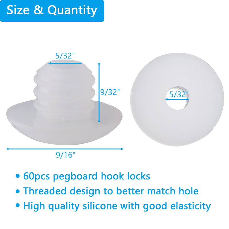 Pegboard Hook Locks, Peg Board Plugs, for Stopping Hooks from Falling Off, 60PCS, Translucent