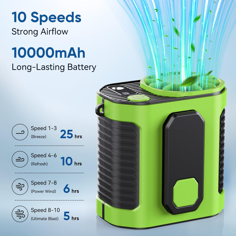 Portable Waist Fan, 10-Speed Rechargeable Body Fan with LED Light, Hands Free Wearable Belt Clip Waist Fans, 10000mAh Battery Cooling Device, Dual Clips & Power Bank, for Camping, Outdoor, Jobsite Green