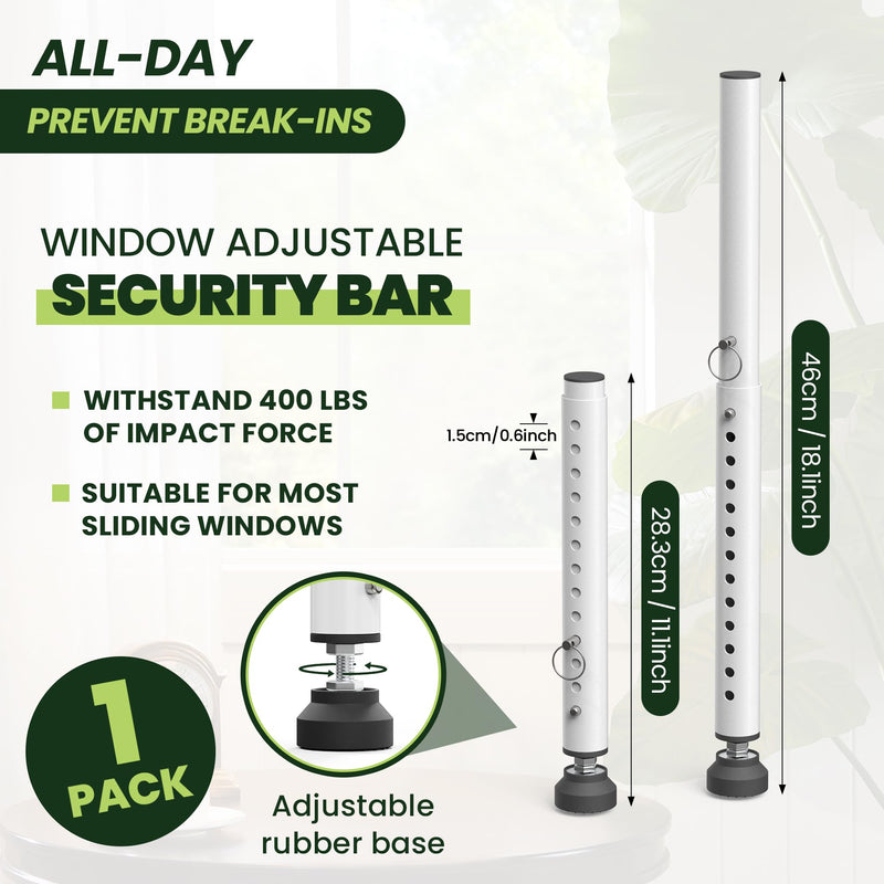 1 Pack Window Security Bars Adjustable,Sliding Window Lock Bar for Child Safety/Anti-Theft,11"-18" Portable Small Window safety lock with Rubber Base for Vertical and Horizontal Window-White White - 1 Pack
