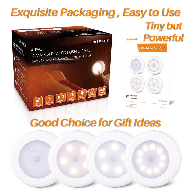 STAR-SPANGLED 4 Pack 3.1” Dimmable Push Tap Lights, Stick on LED Touch Puck Lights AA Battery Operated, 3 Color Modes Sticky Button Lamps for Classroom, Kitchen, Under Cabinet, Closet 3 Color Modes & Dimmable