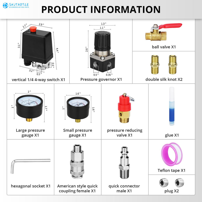Universal Air Compressor Pressure Switch Control Valve (90-120 PSI, 110V-240V) with 0-180 PSI Regulator and Safety Pressure Relief Valve - 4 Way Replacement Part (110V-240V-B9) 110V-240V-B9