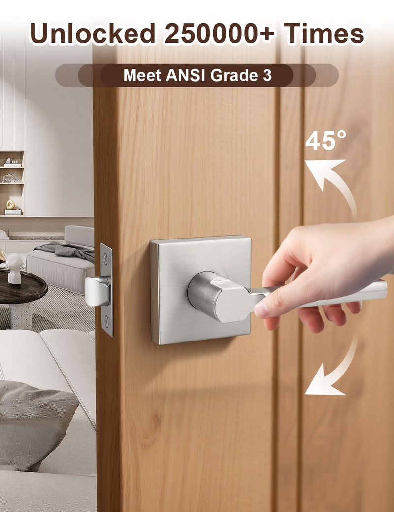 2 Pack Square Brushed Nickel Door Handles Interior, Non-Locking Interior Passage Door Lock Hallway/Closet Door Lever, Heavy Duty Modern Door Handle 2 Passage Door Lever