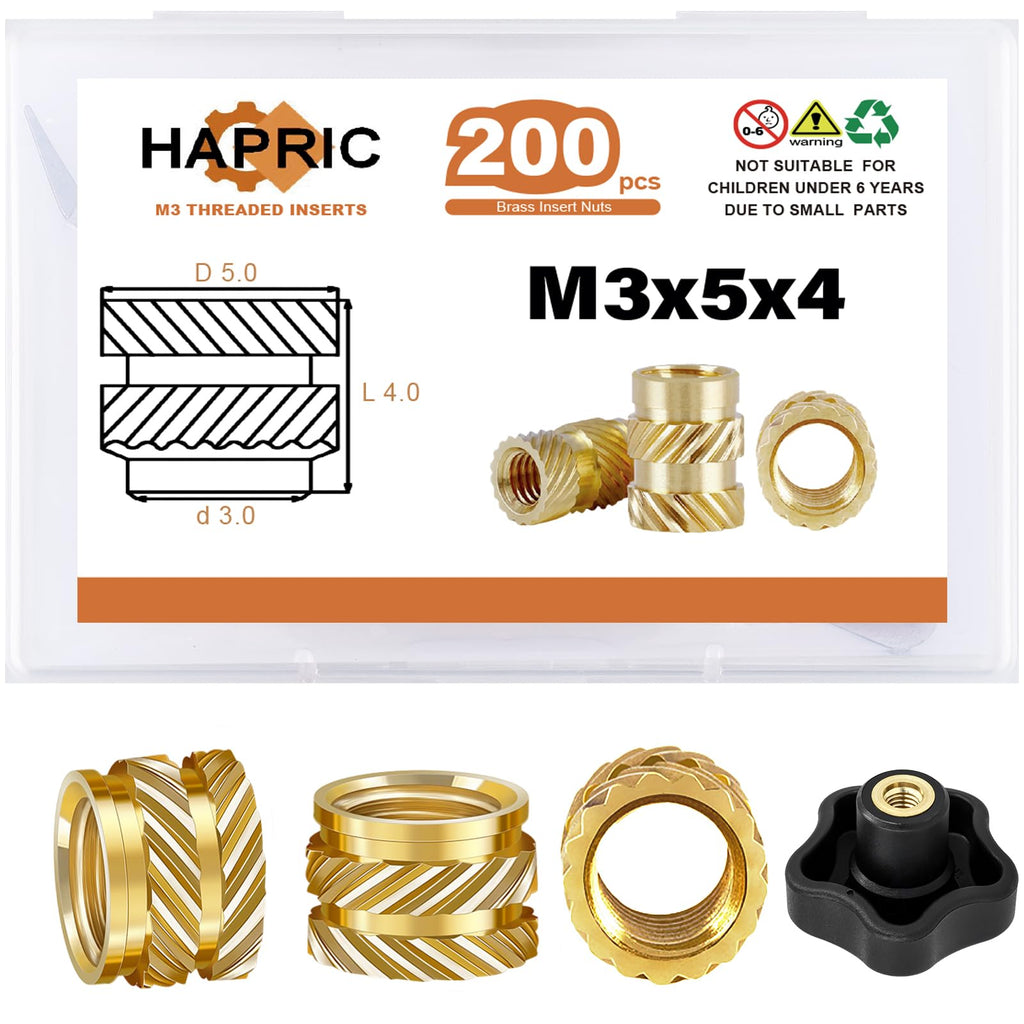 200 Pcs M3 Threaded Inserts for Plastic, M3 Heat Set Insert Brass Metric Knurled Nuts Assortment Kit for 3D Printing M3 x D5 x L4 200