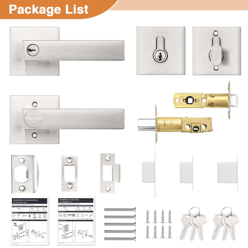 Probrico Square Entrance Lever with Single Cylinder Deadbolt Set Keyed Alike Combo Pack(for Office and Front Door), Heavy Duty Satin Nickel Entry Door Lockset for Right and Left Side, 1 Pack Brushed Nickel