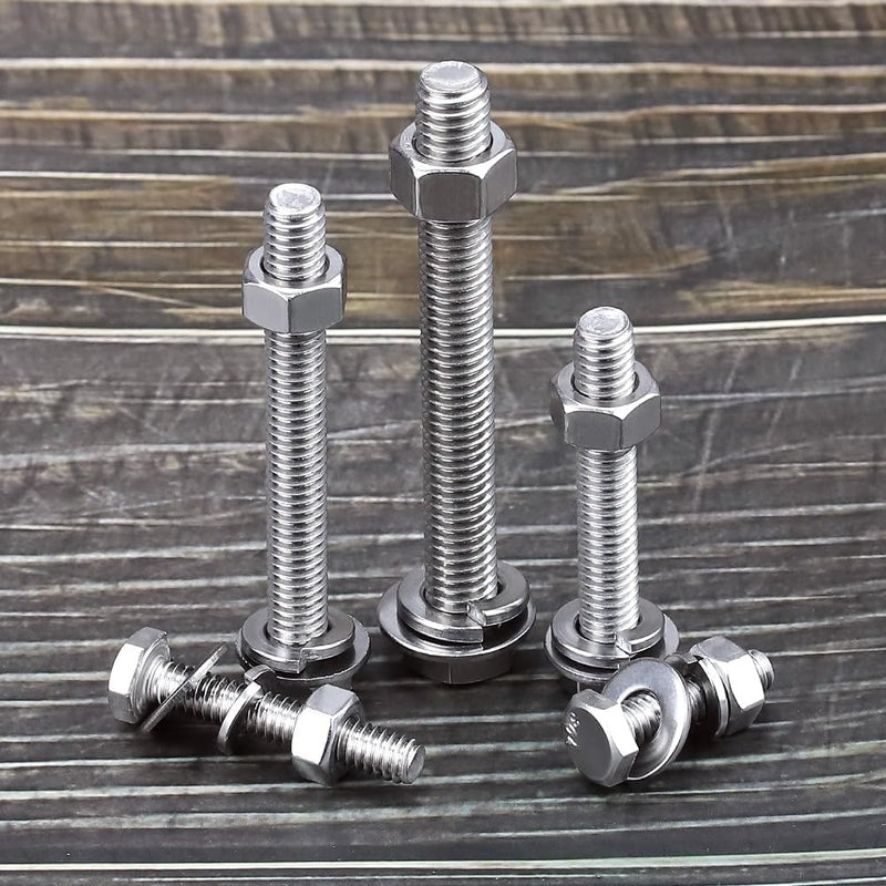 1/4-20 x 3/4" (10 Sets) Stainless Steel Hex Bolts Screws with Nuts Flat Washers Lock Washers, 304 SS 18-8, Hexagon Head, Fully Machine Threaded, Bright Finish 1/4-20 x 3/4" 10