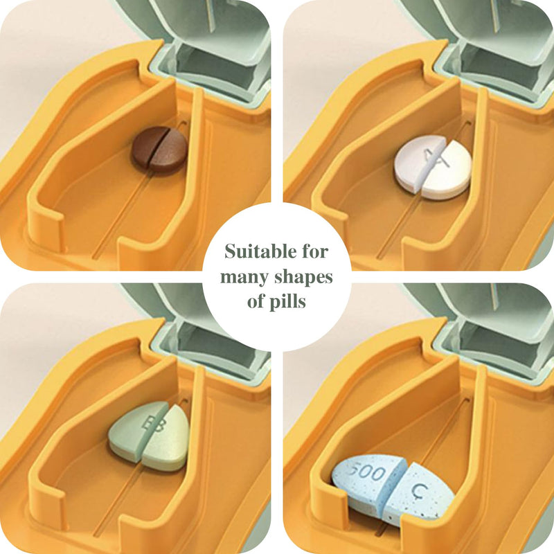 Pill Cutter Splitter for Small and Tiny Pills - Pill Cutter 1/4 - Accurately Cuts Multiple Pills - Easy Open Snap Button. Detachable Nonslip V-Shaped Pad. Wrap-Around Blade Guard. Back Storage (Cyan) Cyan