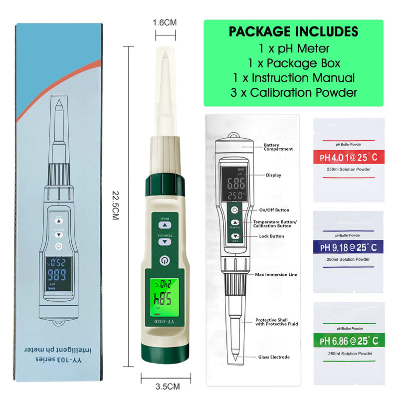 Digital pH Meter for Food, pH Tester Probe for Sourdough Bread Dough, Meat, Cheese, Fruit, Cosmetics, Water, Smart Lab pH Test kit Pen with ATC, Temperature Backlit Display for Solids Liquids Soil