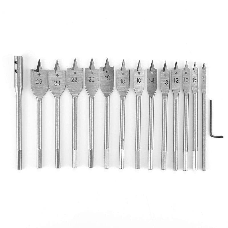 15pcs Flat Wood Drill Bits, Carbon Steel Hex Shank Spade Flat Wood Drill Bit Set 6‑25mm for Wood Drilling Power Tools
