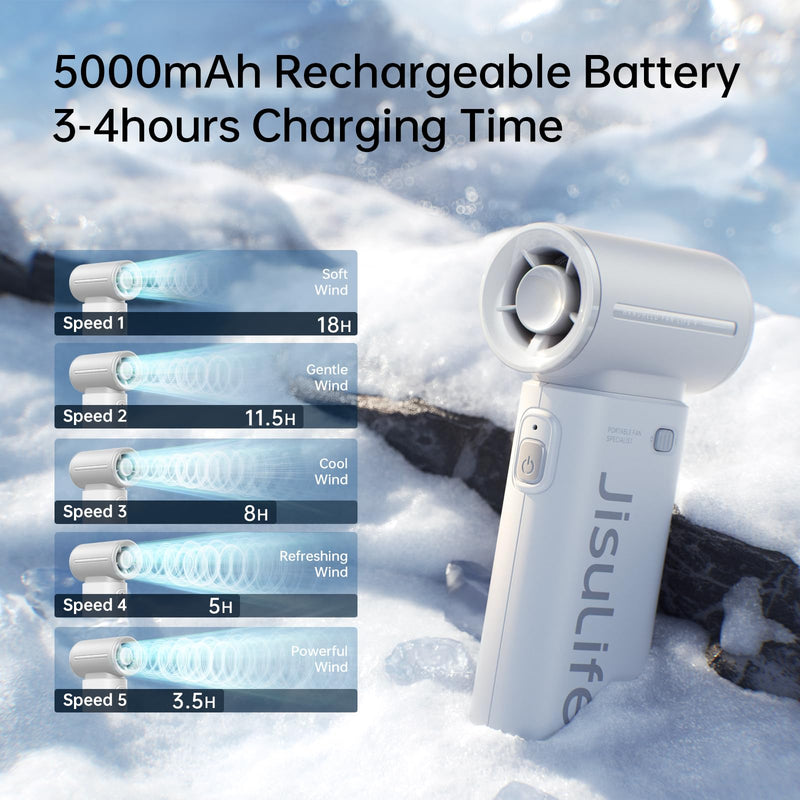 JISULIFE Portable Handheld Fan Life9, Turbo Power High Speed Air [18H Max Cooling Time], 5 Gear Wind, 5000mAh Rechargeable, Mini Pocket Design, Personal Fan for Travel Concerts Camping Makeup - Grey