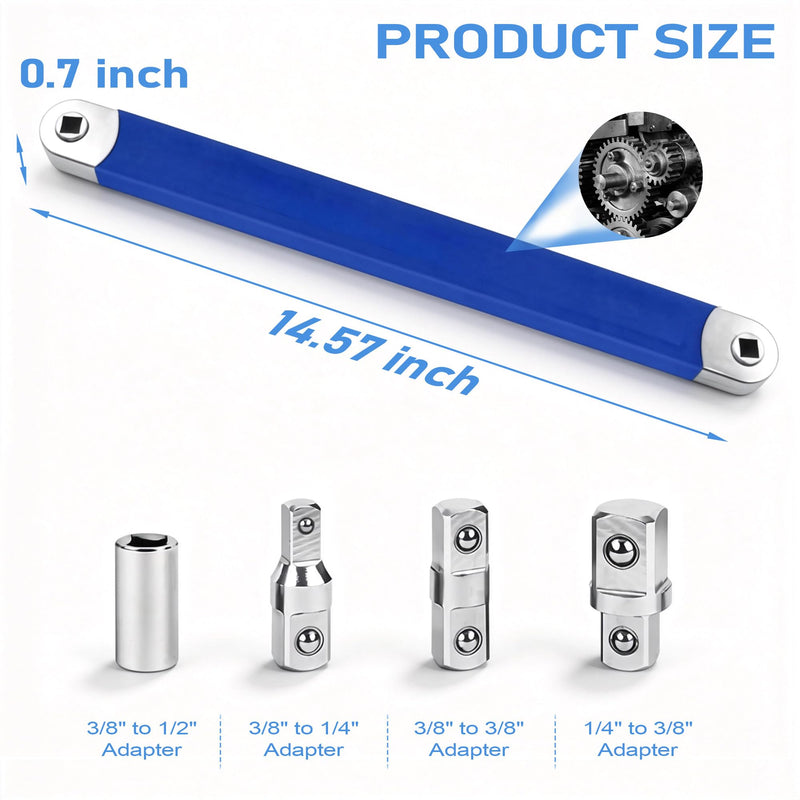 Offset Extension Wrench Impact Ready 3/8" for Tight Spaces, Wrench Extender Tool with 3/8", 1/4", 1/2" Square Drive Adapters and 1/4" Socket (BLUE) Blue