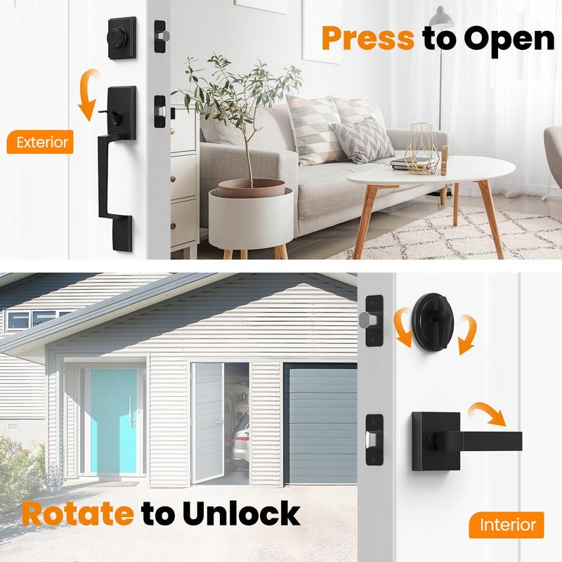 HOSOM Front Door Lock Set Black Front Door Handle with Deadbolt and Lever Set Exterior Door Handle Set with Single Cylinder Deadbolt Entry Door Locksets for Right&Left Handed, Matte Black Modern