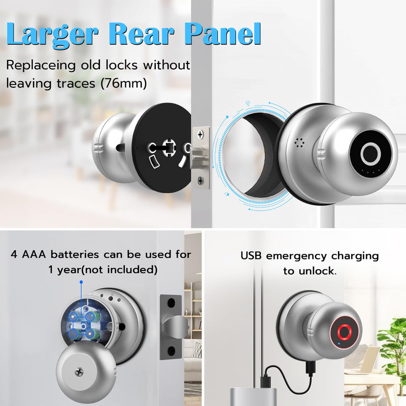 eLinkSmart Fingerprint Door Lock Smart Ball Door Knob with Key Keyless Entry Door Lock for Bedroom Apartment with Privacy Mode Bluetooth App iOS Watch Control Silver