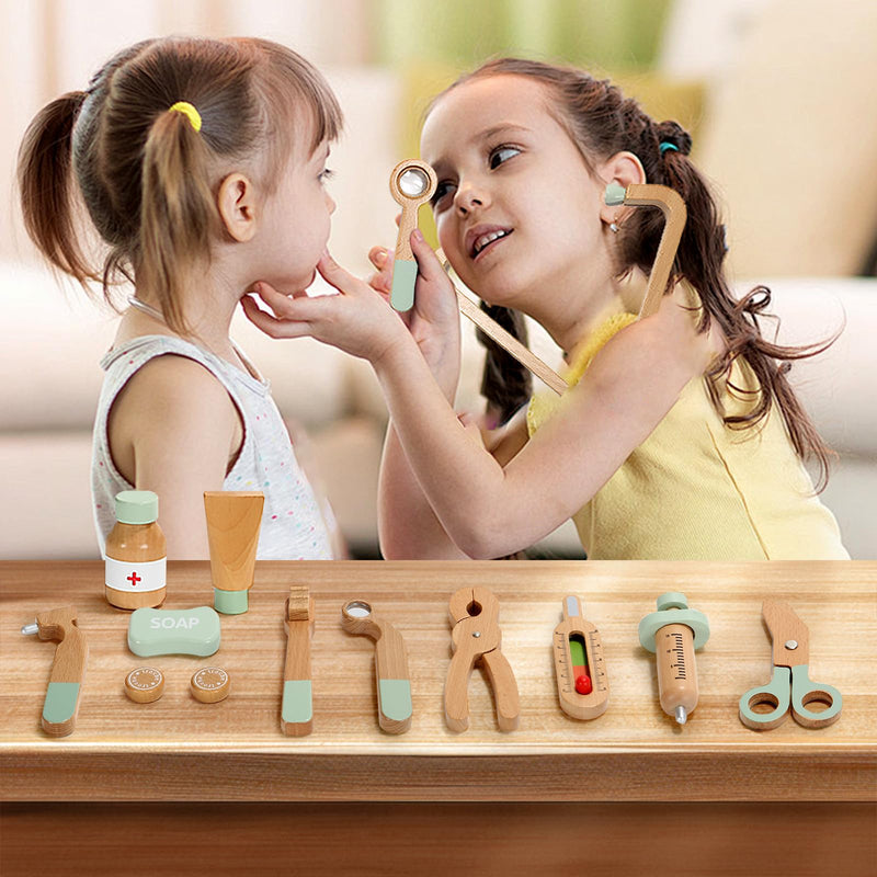 Wooden Doctor Kit for Kids, 19Pcs Pretend Play Dentist Toddlers Doctor Medical Toy Set with Stethoscope Syringe Thermometer Tooth Model and Carry Bag Montessori Role Play Gift for Boys Girls Ages 3+