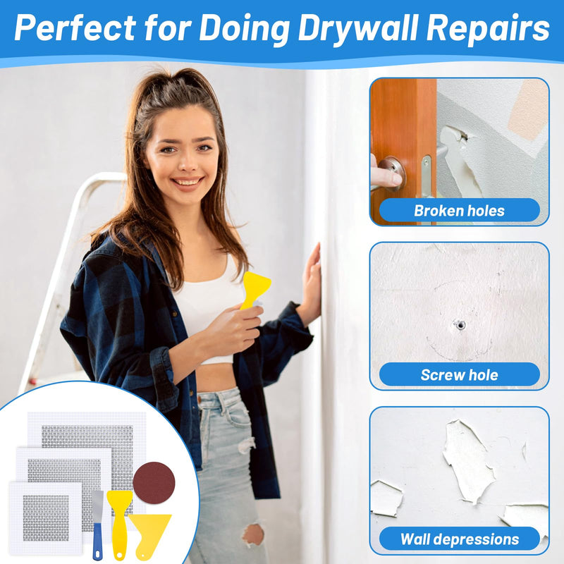 12 PCS 4/6/8 Inch Wall Repair Patch Kit, Aluminum Mesh Dry Wall Hole Repair Patch with Scraper Sandpapers Gloves Heavy Duty Wall Repair for Large Holes Quick Fixes 12 PCS 4/6/8inch Wall Repair Patch Kit