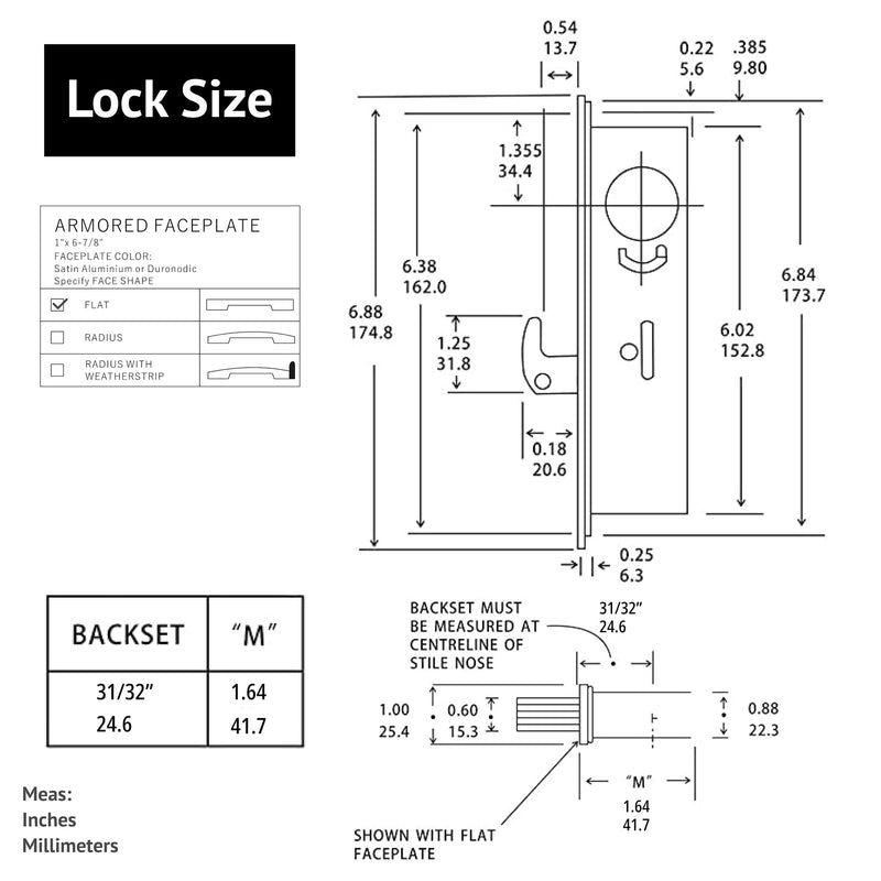 elox Storefront Narrow Stile Mortise Door Lock Hookbolt, Sliding Bolt & Zinc Alloy Cylinder Combo with Key & Adams rite cam, (31/32" Backset, Bronze Duronodic Color) Bronze Duronodic Finish