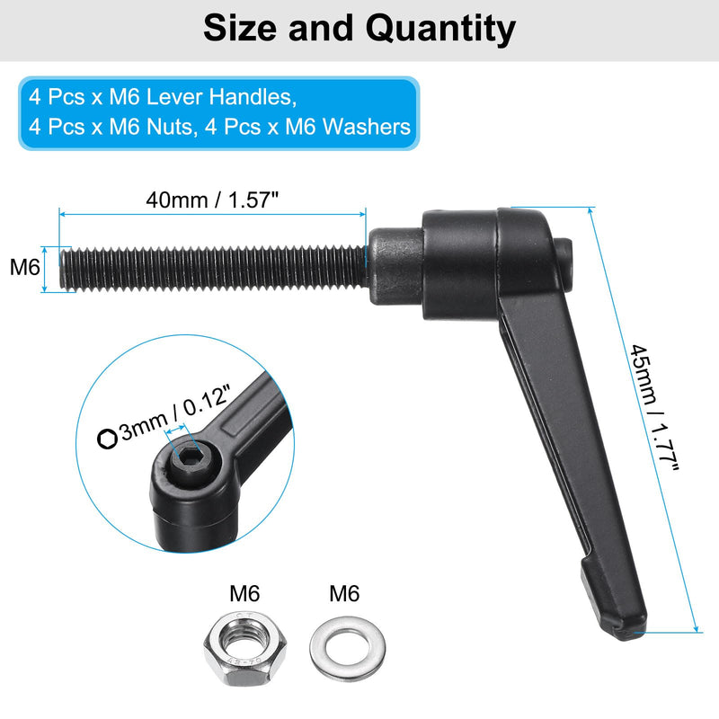 uxcell 4pcs Lever Adjustable Handles M6 x 40mm Metric Male Thread with Nuts Washers, Level Clamping Handle Set Hand Stud Knobs Rotating Screw Handles Bolts with Locking Lever, Black