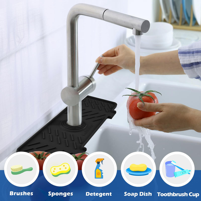Meiliweser Silicone Faucet Splash Guard Gen 3-10° Large Slope & Adaptable Hole Faucet Handle Drip Catcher Tray - 14” x 5.5” Kitchen Sink Accessories for Kitchen, Bathroom(Black) 14in x 5.5in Black