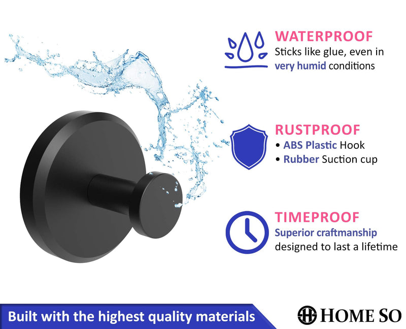 HOME SO Suction Cup Hooks for Shower, Bathroom, Kitchen, Glass Door, Mirror, Tile – Loofah, Towel, Coat, Bath Robe Hook Holder for Hanging up to 15 lbs – Waterproof & Rustproof, Matte Black (2-Pack) 2
