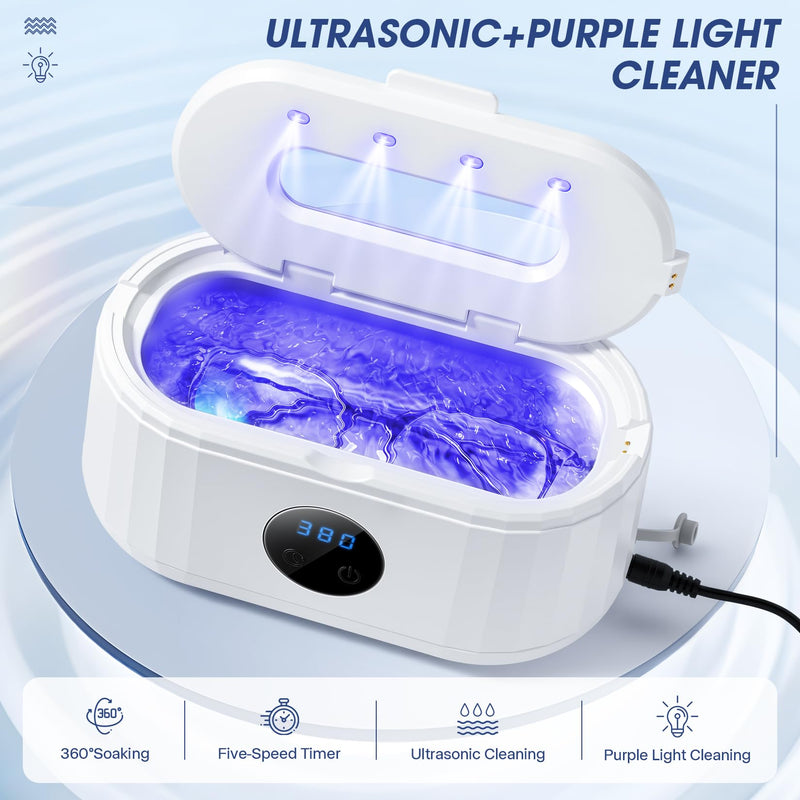 Ultrasonic Jewelry Cleaner,49Khz Ultrasonic Cleaner Machine with Blue Light | Ultrasonic Jewelry Cleaner For Dentures,Retainers, Eyeglasses, Watch,Braces,Rings, Jewelry, 5 Cleaning Modes and LED Display White